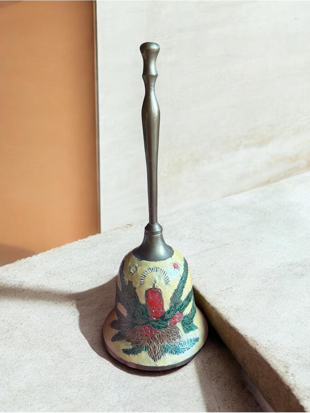 Christmas Decorative Brass Hand Bell with Red & Green Holiday Motif